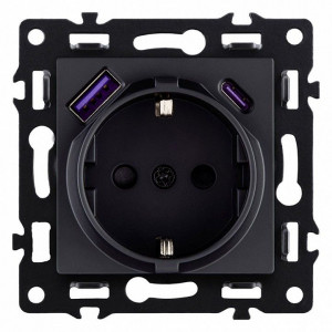 Розетка с заземлением и со шторкой и 2хUSB type A и C, без рамки Kollinger Asthetik AS-016BK Розетка с заземлением и со шторкой и 2хUSB type A и C, без рамки Kollinger Asthetik AS-016BK