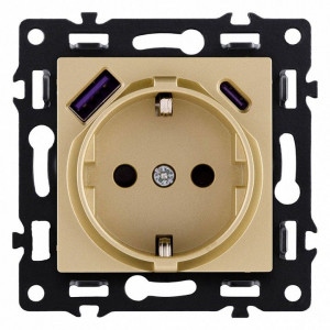 Розетка с заземлением и со шторкой и 2хUSB type A и C, без рамки Kollinger Asthetik AS-016GD Розетка с заземлением и со шторкой и 2хUSB type A и C, без рамки Kollinger Asthetik AS-016GD