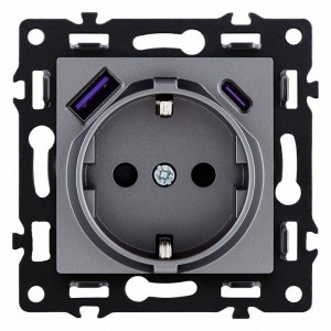 Розетка с заземлением и со шторкой и 2хUSB type A и C, без рамки Kollinger Asthetik AS-016GY Розетка с заземлением и со шторкой и 2хUSB type A и C, без рамки Kollinger Asthetik AS-016GY
