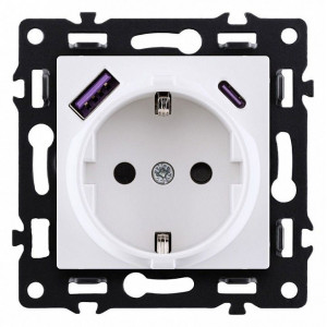 Розетка с заземлением и со шторкой и 2хUSB type A и C, без рамки Kollinger Asthetik AS-016WH Розетка с заземлением и со шторкой и 2хUSB type A и C, без рамки Kollinger Asthetik AS-016WH