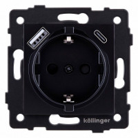 Розетка с заземлением и со шторкой и 2хUSB type A и C, без рамки Kollinger  REA-004BK