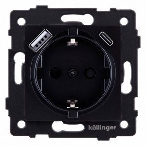 Розетка с заземлением и со шторкой и 2хUSB type A и C, без рамки Kollinger REA-004BK Розетка с заземлением и со шторкой и 2хUSB type A и C, без рамки Kollinger REA-004BK