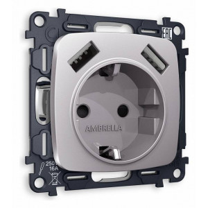 Розетка с заземлением и 2хUSB type A, без рамки Ambrella Volt Quant MO509010 Розетка с заземлением и 2хUSB type A, без рамки Ambrella Volt Quant MO509010