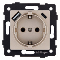 Розетка с заземлением и со шторкой и 2хUSB type A и C, без рамки Kollinger  REA-004GD
