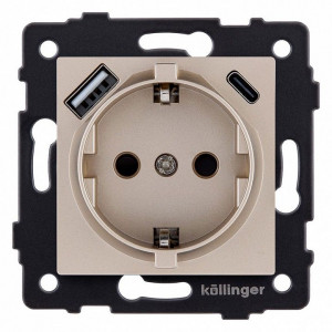 Розетка с заземлением и со шторкой и 2хUSB type A и C, без рамки Kollinger REA-004GD Розетка с заземлением и со шторкой и 2хUSB type A и C, без рамки Kollinger REA-004GD