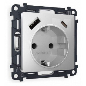 Розетка с заземлением и 2хUSB type A и C, без рамки Ambrella Volt Quant MA410010 Розетка с заземлением и 2хUSB type A и C, без рамки Ambrella Volt Quant MA410010