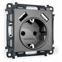 Розетка с заземлением и со шторкой и 2хUSB type A, без рамки Ambrella Volt Quant MA659010