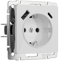 Розетка с заземлением, шторками и USB тип A+C (белый акрил) W1171741
