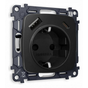Розетка с заземлением и 2хUSB type A и C, без рамки Ambrella Volt Quant MO810010 Розетка с заземлением и 2хUSB type A и C, без рамки Ambrella Volt Quant MO810010